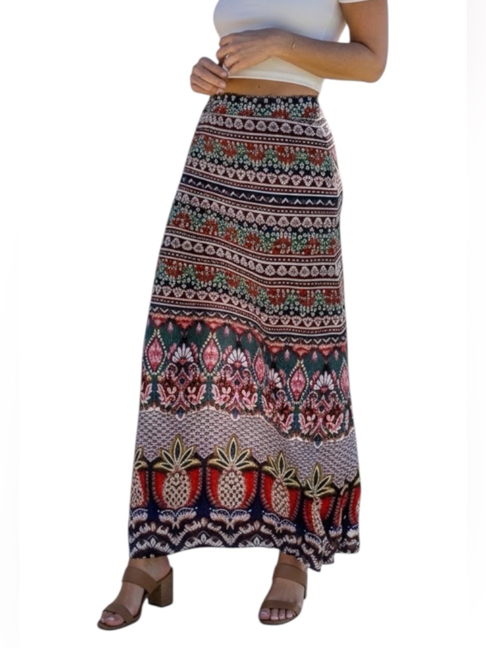 FARM Rio Anthropologie Fruit Mixed-Print Stretch Maxi Skirt Small